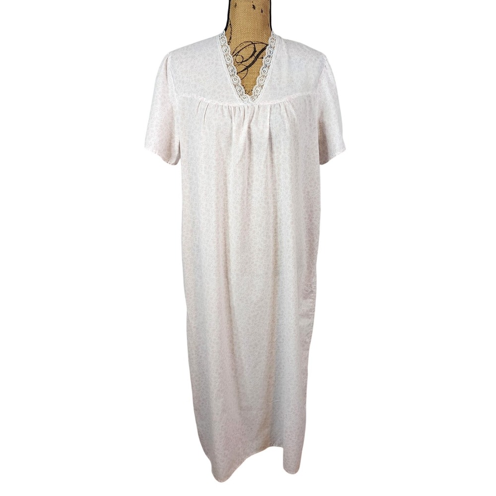 Vintage CARROLL‎ REED Size Medium Pink White Floral Short Sleeve Long Nightgown